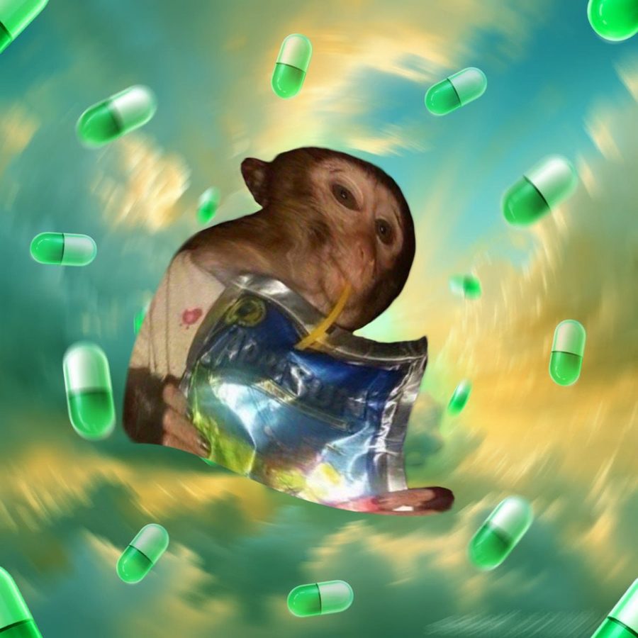 The Caprisun Monkey mid-air with his pouch, surrounded by green capsules